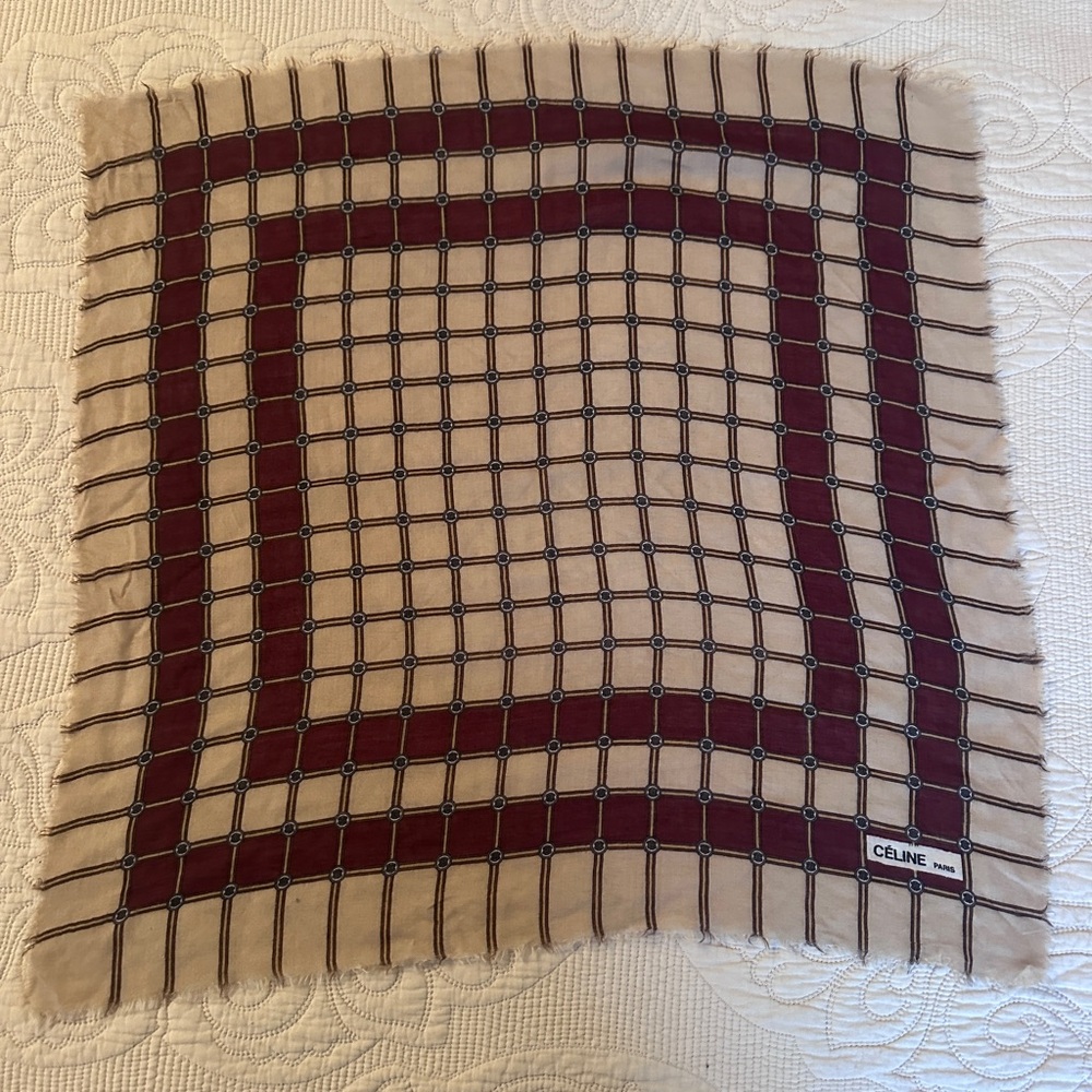 Burgundy and Beige Square Scarf- Geometric Chain Pattern - Raw Edge